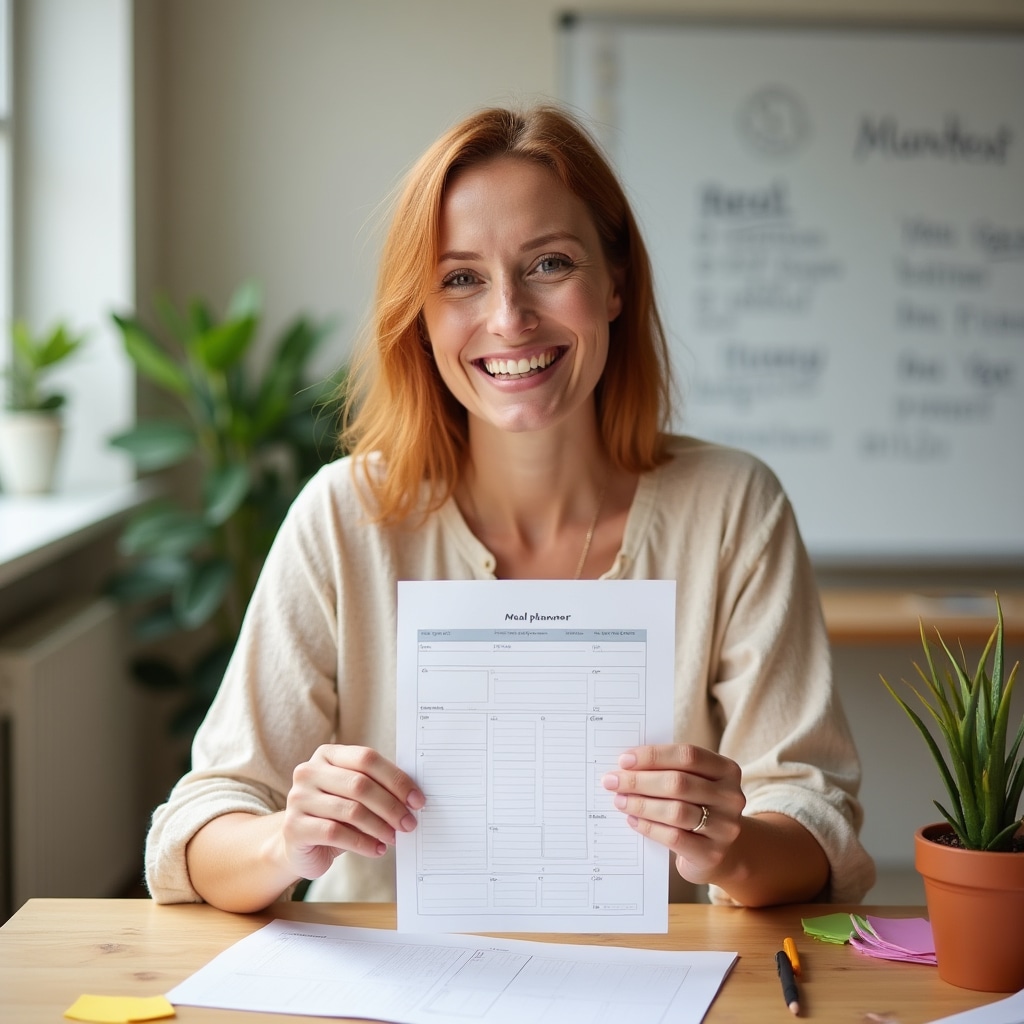 Dozentin mit Wochenplan und Einkaufsliste in einem Seminarraum
